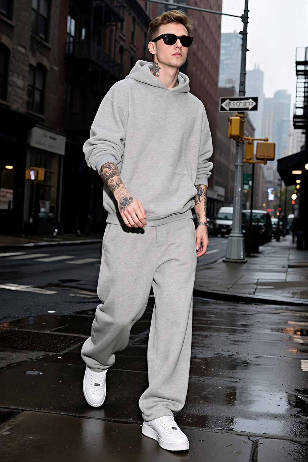 Men Pulloverl Hoodie Set - Gray