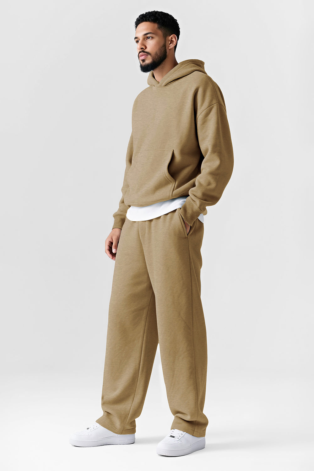 Men Pulloverl Hoodie Set - Khaki