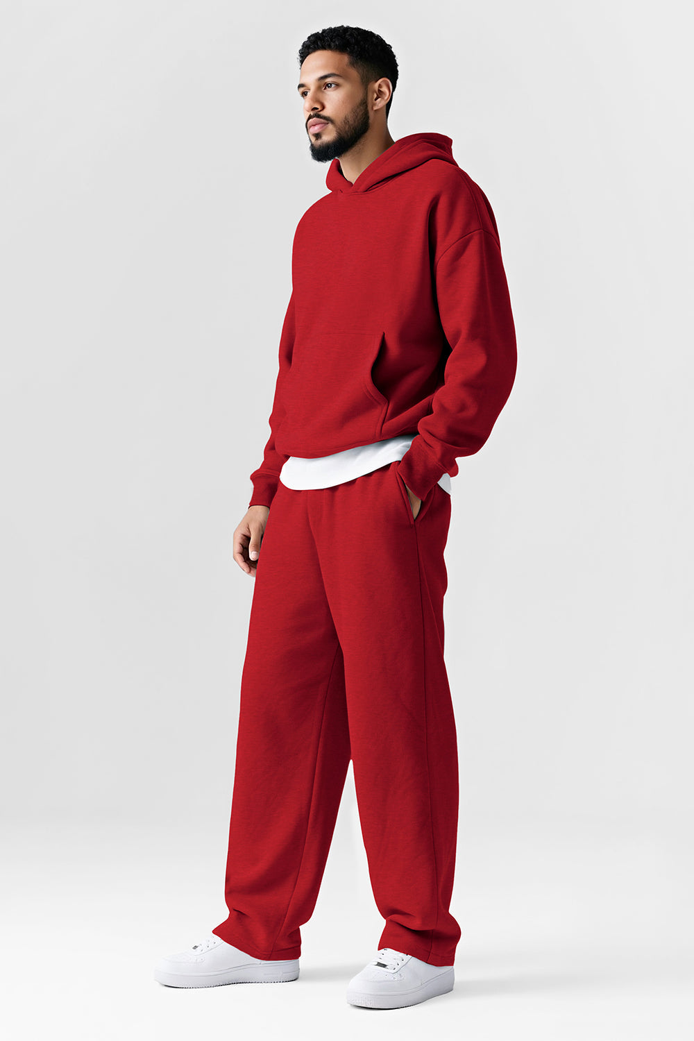 Men Pulloverl Hoodie Set - Red