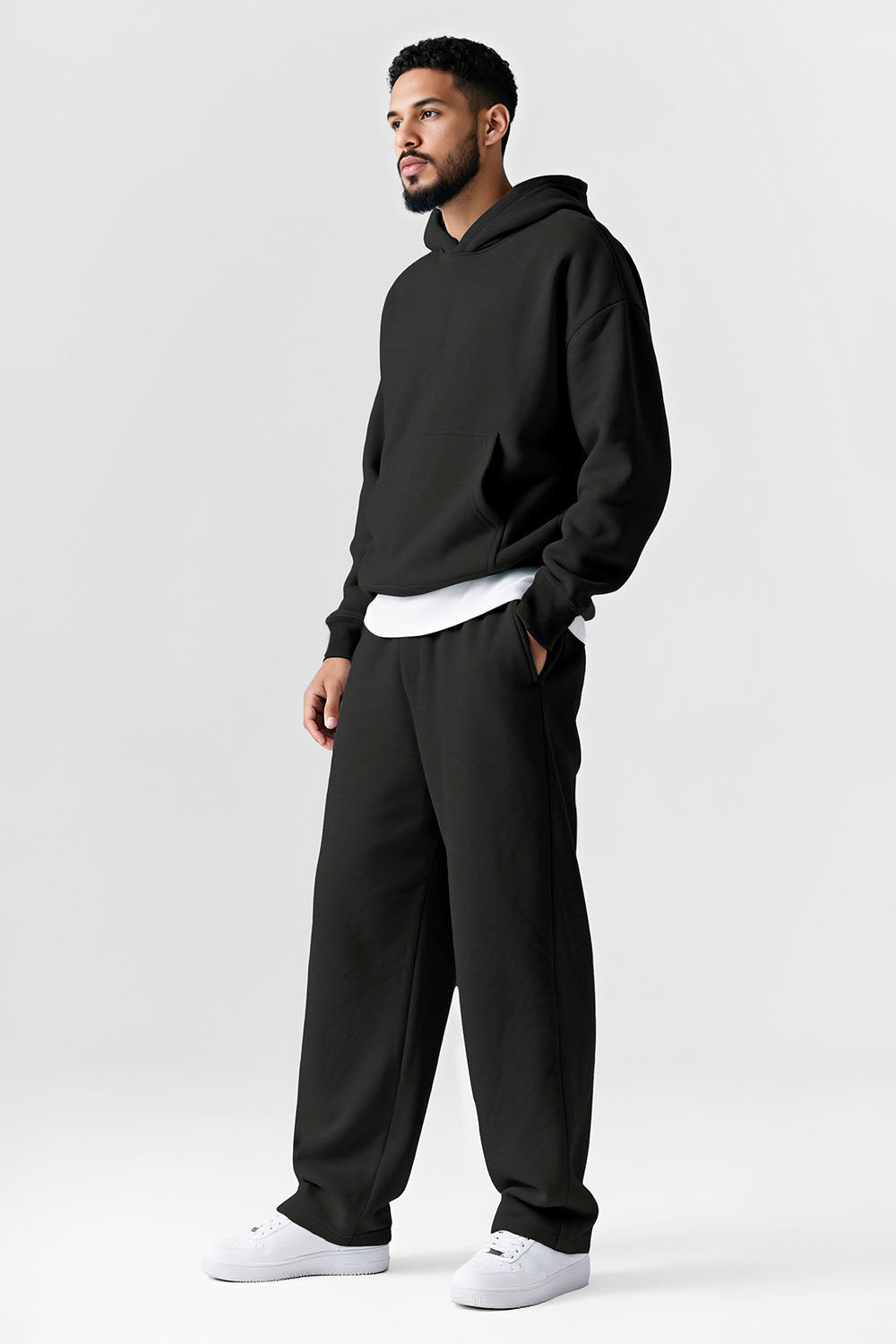 Men Pulloverl Hoodie Set - Black