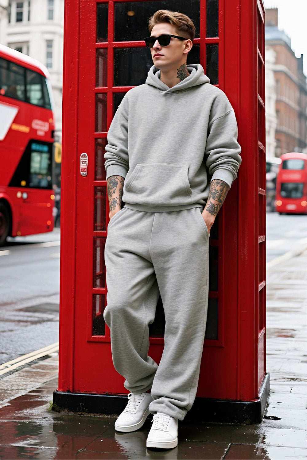 Men Pulloverl Hoodie Set - Gray
