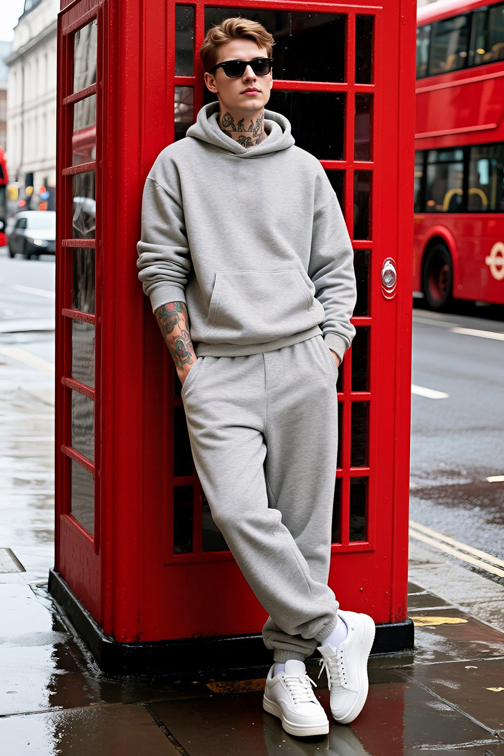 Men Pulloverl Hoodie Set - Gray