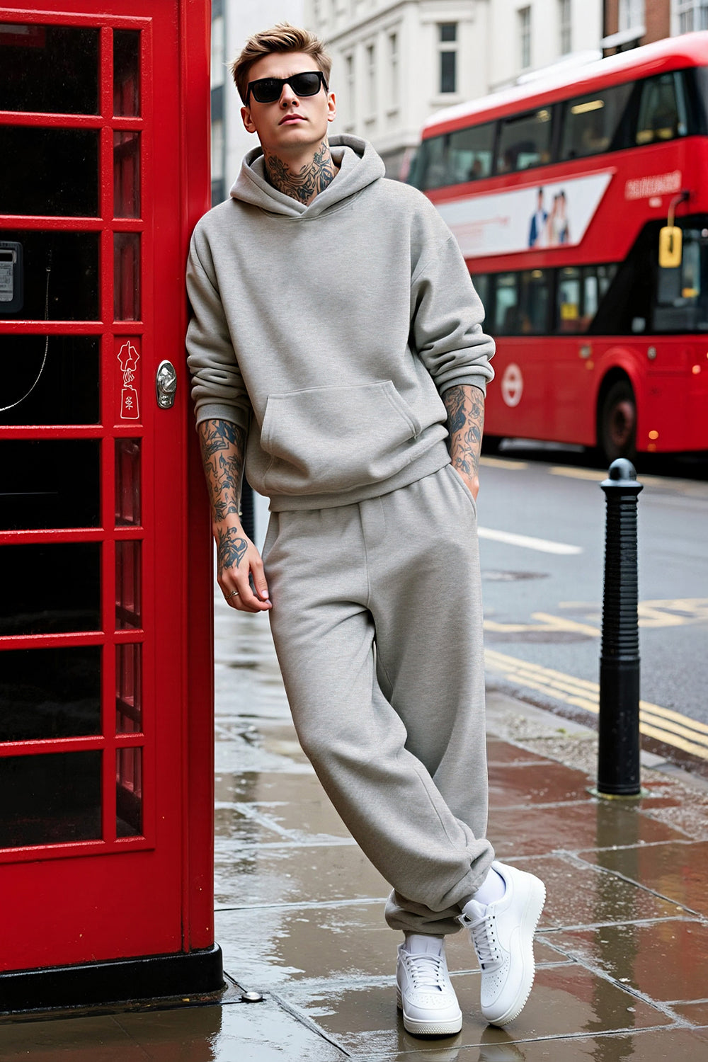 Men Pulloverl Hoodie Set - Gray