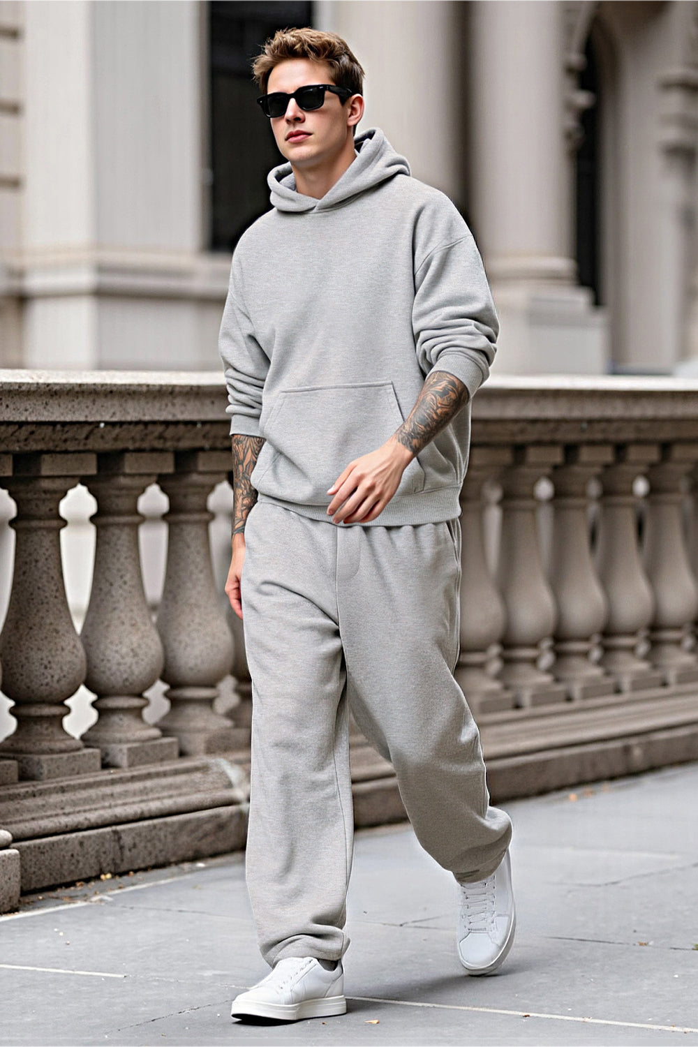 Men Pulloverl Hoodie Set - Gray
