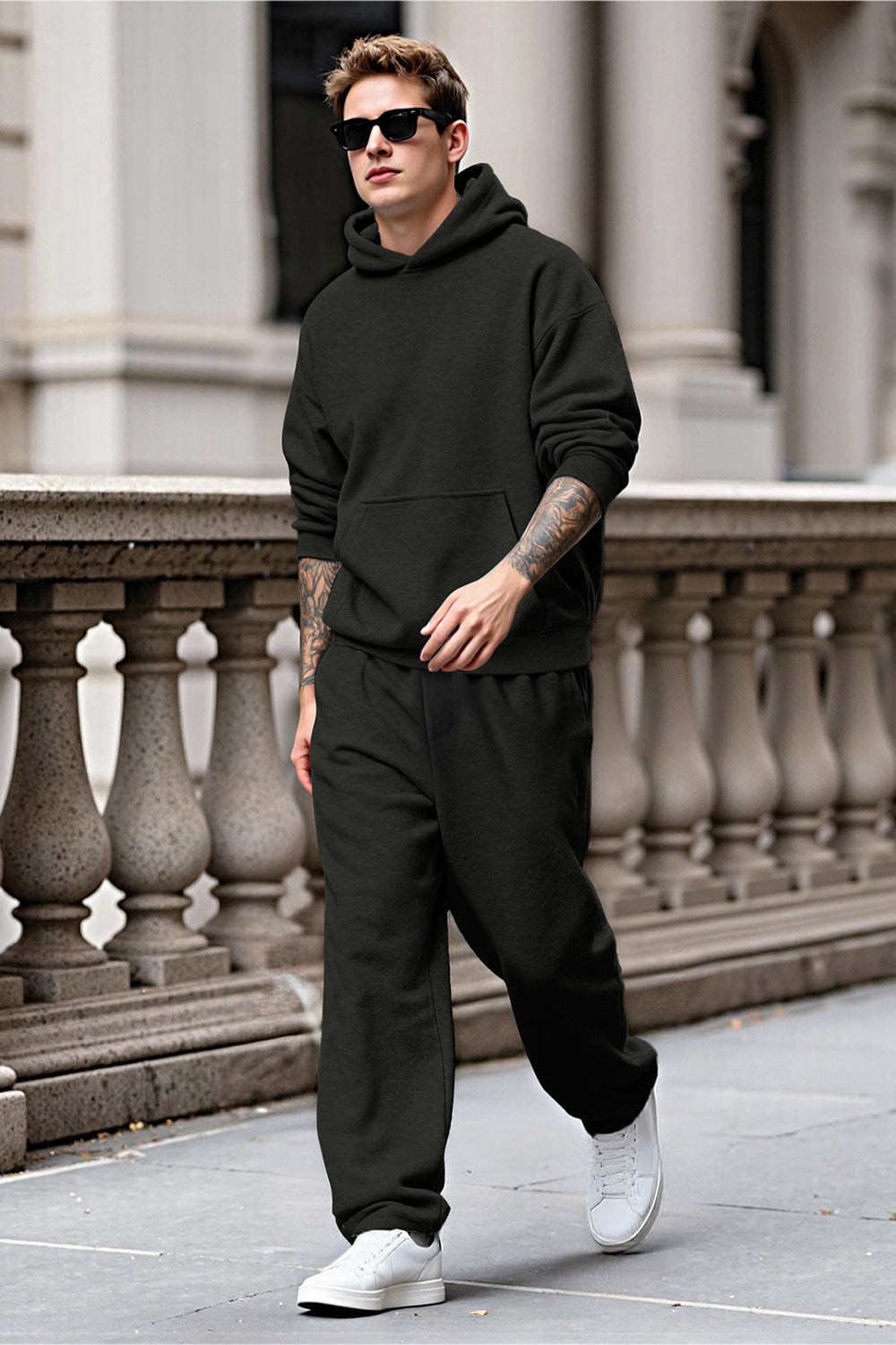 Men Pulloverl Hoodie Set - Black
