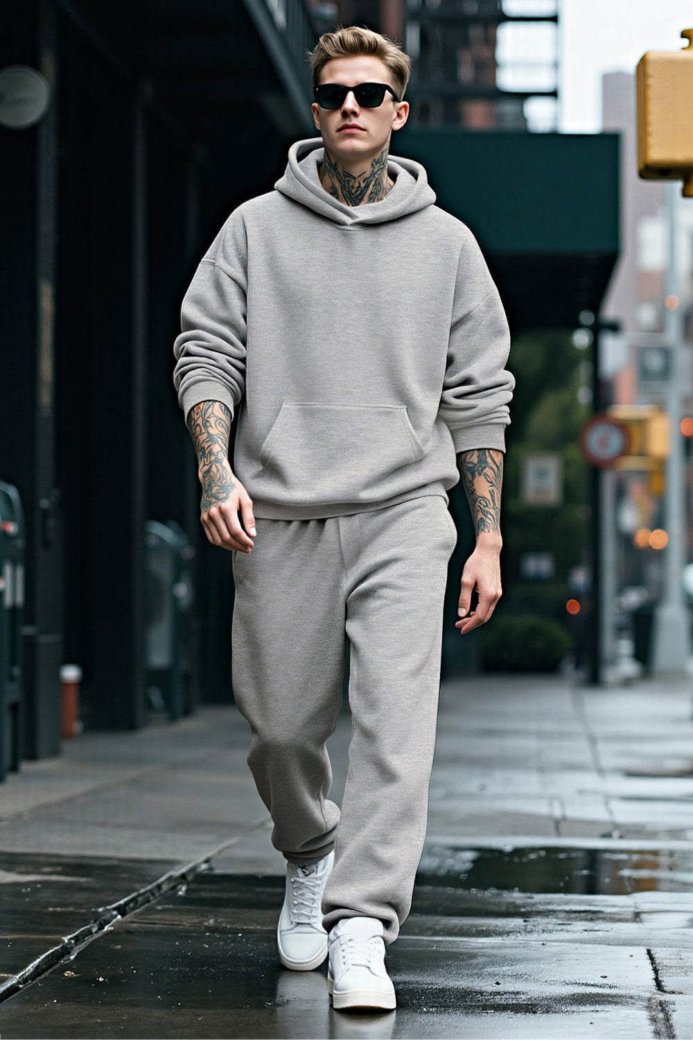 Men Pulloverl Hoodie Set - Gray