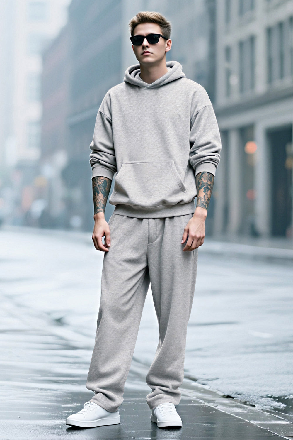Men Pulloverl Hoodie Set - Gray