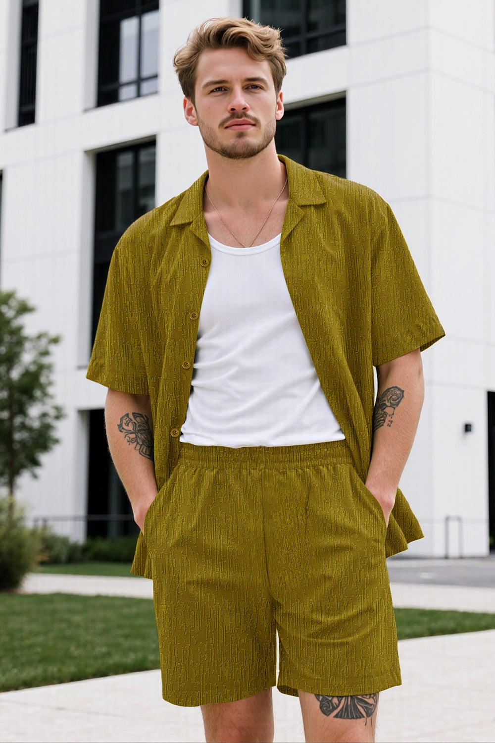 Men Textured Knitting Set - Green