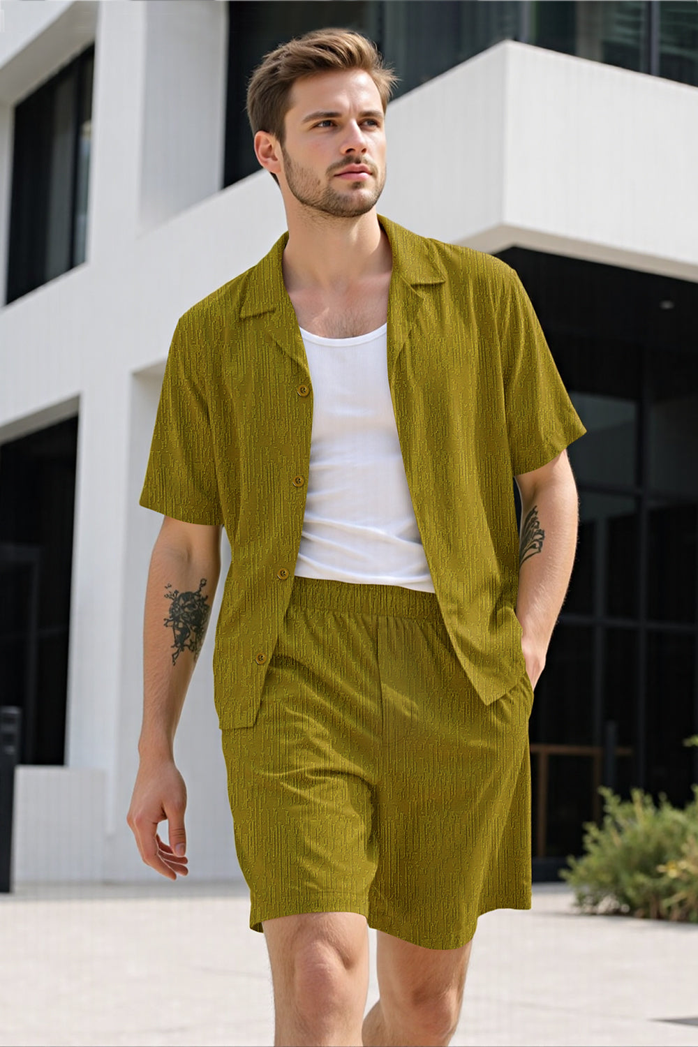 Men Textured Knitting Set - Green