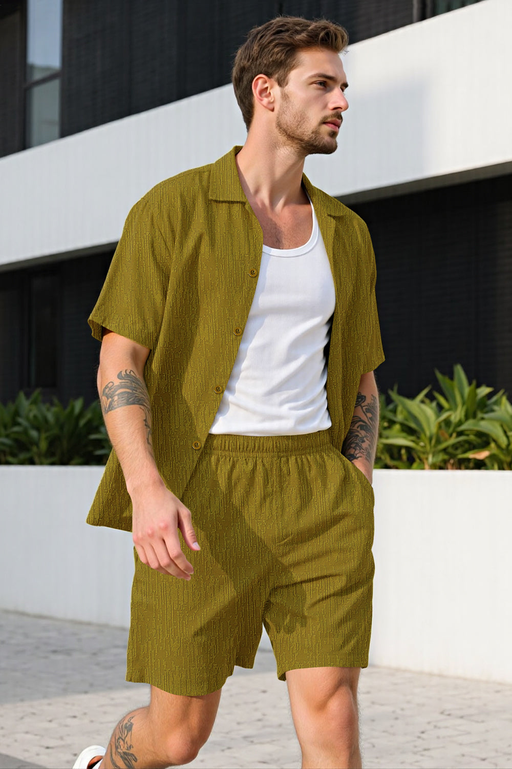 Men Textured Knitting Set - Green