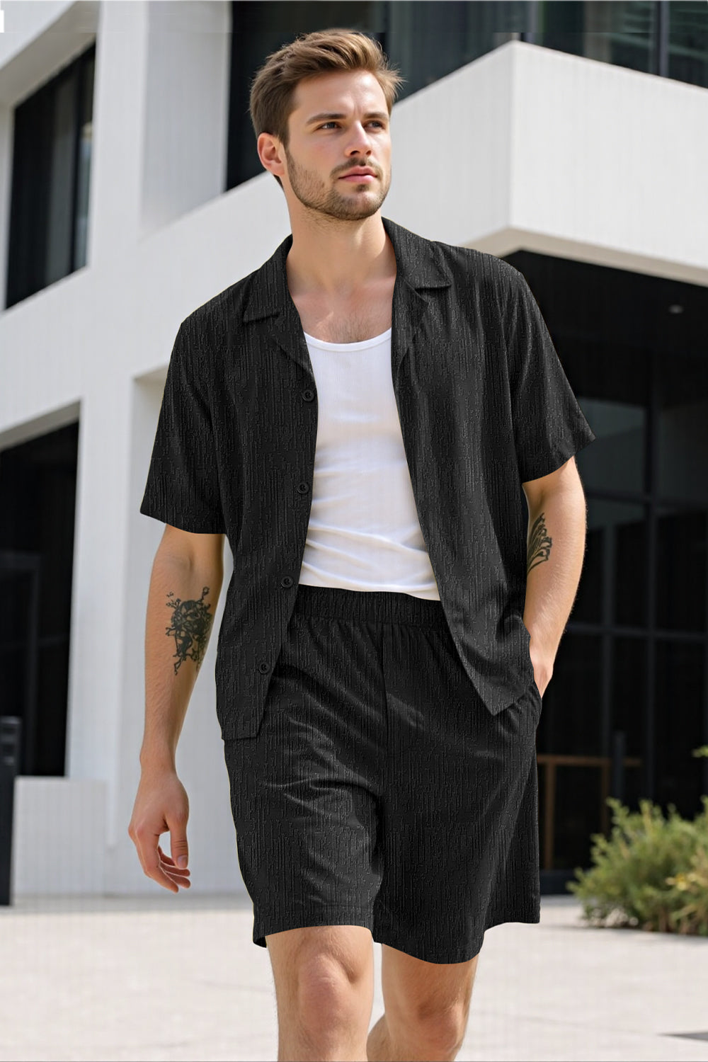 Men Textured Knitting Set - Black