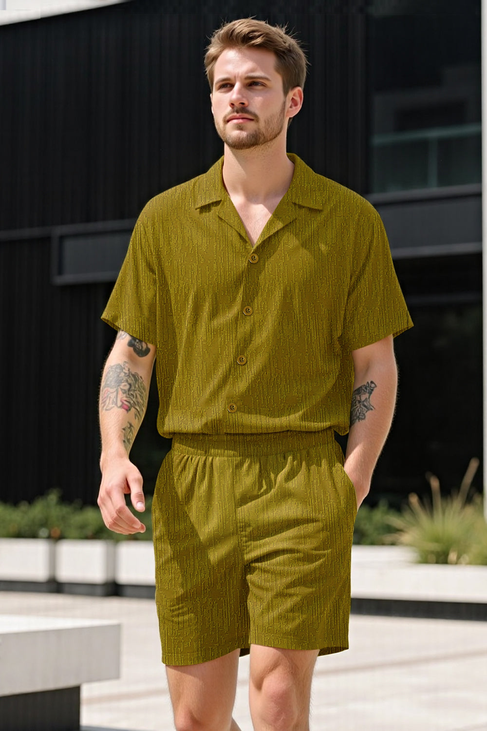 Men Textured Knitting Set - Green
