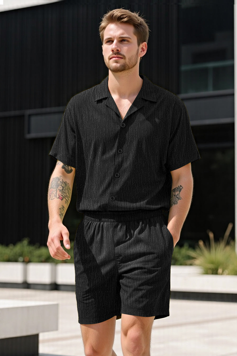 Men Textured Knitting Set - Black