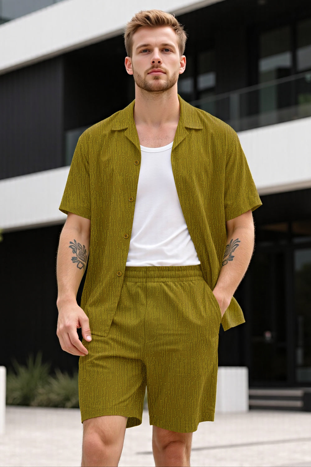 Men Textured Knitting Set - Green